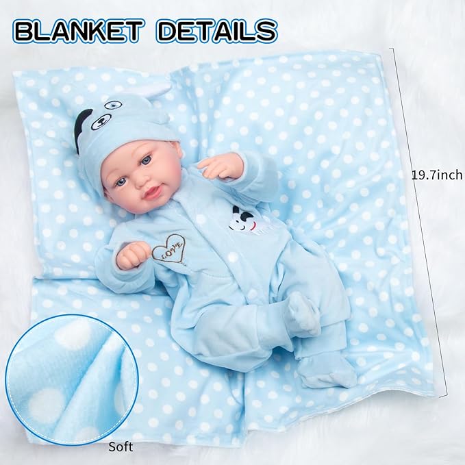 PEDOLLTREE Reborn Baby Dolls Clothes Boy Outfit Accessories Blue Puppy 9 Pcs Set for 17-20 Inch Reborn Doll Newborn Boy with Blue Dot Bassinet