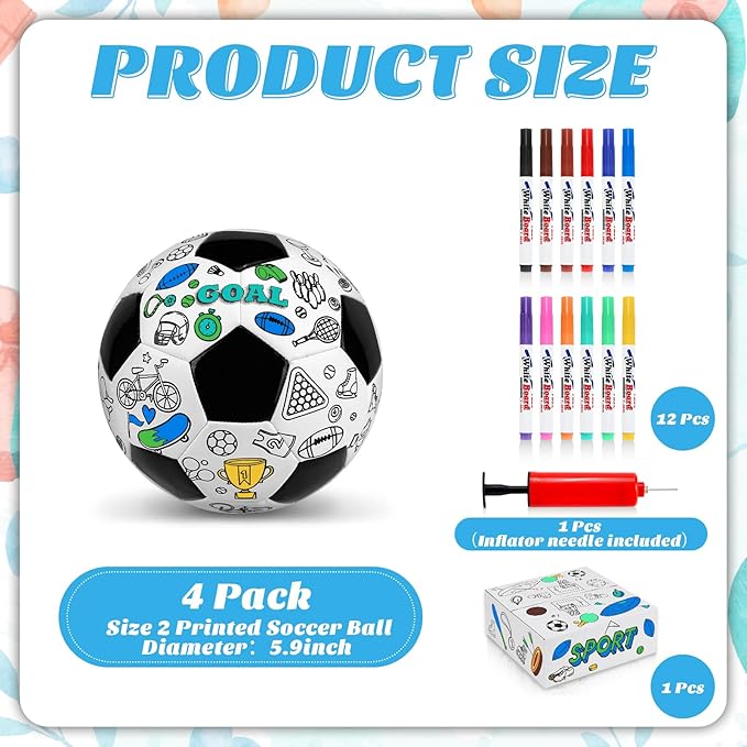 4 Pack Size 2 Color Your Own Soccer Ball Black DIY Custom Soccer Ball Craft Kit with Pump 12 Markers Personalized Youth Toddler Training Soccer Ball Paint Your Own Toy Creative