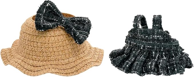 Doll Clothes for 17cm Dolls, Premium Handmade Fashion Clothes 3 Piece Set Including a Weaving Hat, Clothes and Bow with High-End Dolls Accessories for Play & Display - Pure Black (No Doll No Logo)
