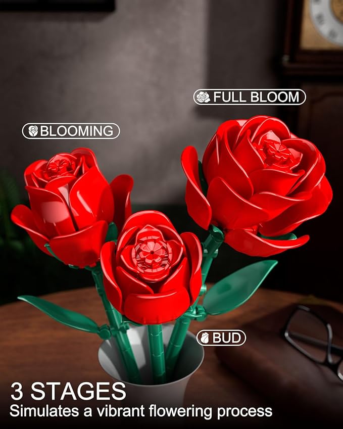 Red Rose Bouquet Building Set, 12 Artificial Roses Flower Building Blocks for Adult Women, Botanical Collection Home Decor Romantic Gift for Mother's Day Valentine's for Adults Girls (512 PCS)