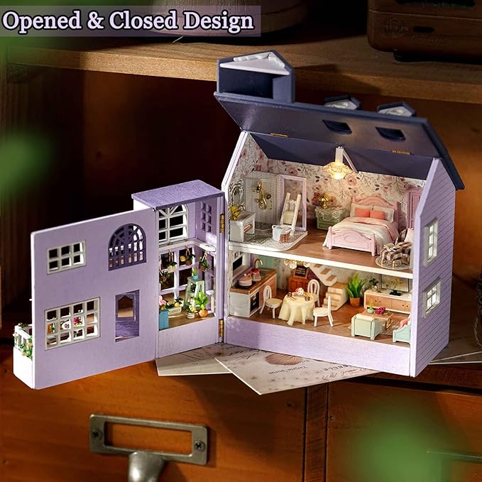 TuKIIE DIY Miniature Dollhouse Kit with Furniture, 1:32 Scale Creative Room Opened & Closed Mini Wooden Doll House for Kids Teens Adults(Happy House)