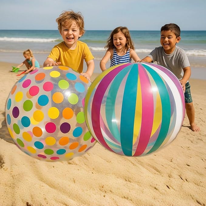 GiftExpress 40" Beach Balls 2 Pack - Polka Dot & Striped Giant Transparent Inflatable Balls for Swimming Pool Party - Summer Outdoor Water Toys & Decorations