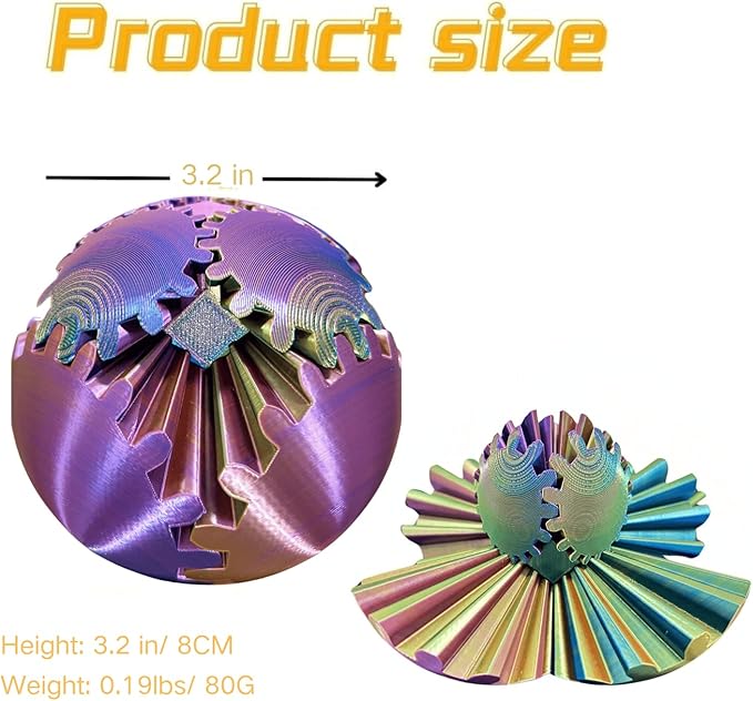 Gear Ball 3D Printed Spin Ball Cube Fidget Toys, Gear Sphere Fidget Toy, GearSphere Desk Toy Stress Fidget Balls, Fidgets Spinners for Adults & Kids Anxiety Relaxing (Laser Purple Blue, 3.1 Inch)