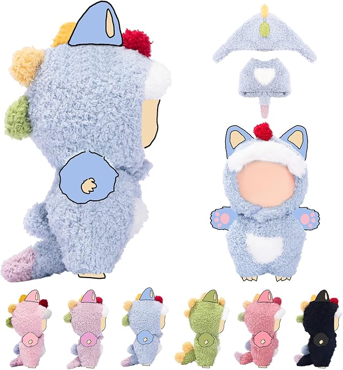 Clothes for LABUBU 17cm Doll (NO Dolls), Dinosaur Outfit for LABUBU, Dino Dolls Keychain Accessories, Faking Animal Style Outfit Jumpsuit Dinosaur Costume for LABUBU (Light Blue)
