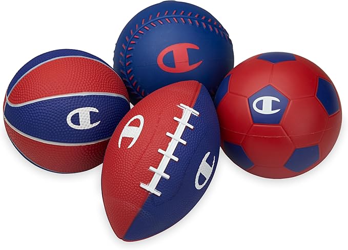 Champion All-Weather Mini Sports Balls (Pack of 4, Classic), Rubber & PVC-Cover Soccer, Basketball & Football & Baseball, Durable Construction for Backyard, Playground, School, and Indoor Play