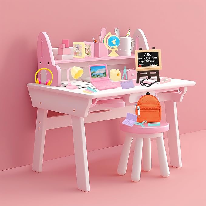 ENOCHT 27 Pcs 11.5 inch Doll School Accessories 4 Doll Backpack Bag with Zipper with Computers, Glasses, Blackboard, 7 Pcs Study Accessories 8 Pcs Stationery Sets 2 headsets
