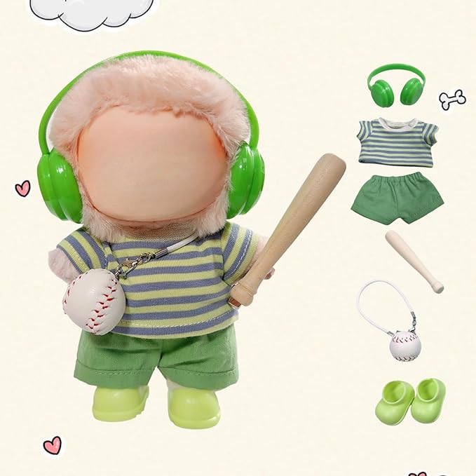 15cm/17cm Doll Outfit Suitable for Labubu Clothes –Sports Wear Outfits Gym Dolls Accessories for Dressing Up (No Doll Included) (D-Green Stripe Baseball Suit 6-Piece Sets)