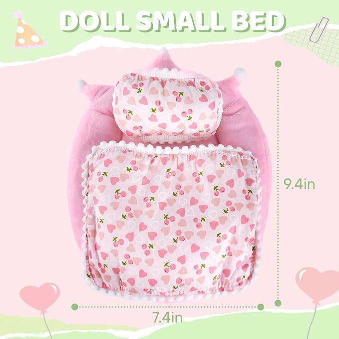 Labubu Bed, Pink Strawberry Miniature Pillow Blanket Set, Doll 10-17cm Furniture, Compatible Boo-Boo Accessory, Collectors Display Decor, Shelf Photography Props Hobby Gift