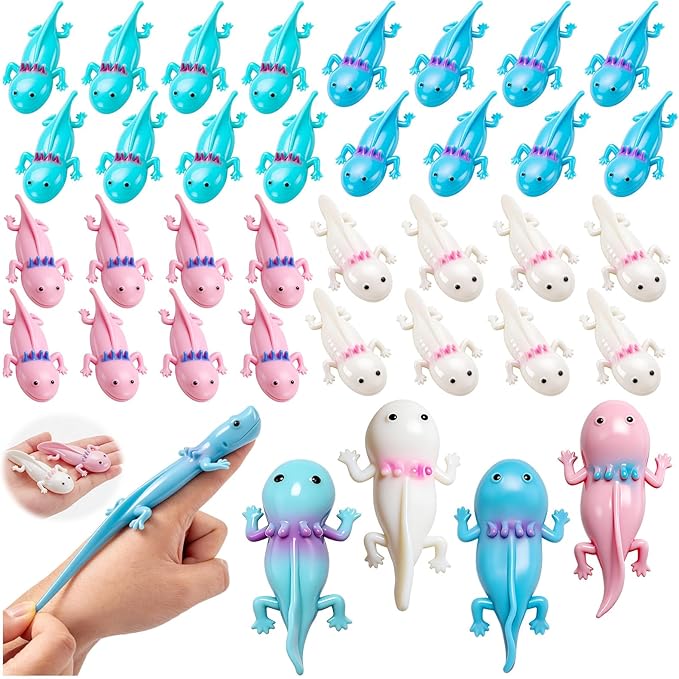 64PCS Axolotl Rubber Toy Bulk Cute Axolotl Finger Slingshot Novelty Toy Salamander Animal Sensory Toys for Child Stress Relief Axolotls Party Favors Gifts Decor (4 Color)