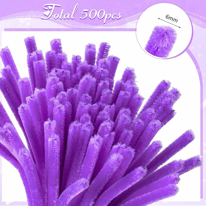 Peryiter 500 Pieces Pipe Cleaners Chenille Stems for Flowers Craft Supplies Bulk Fluffy Fuzzy Sticks for DIY Art Projects Creative Gift Wrapping Party Decorations(Purple,12 Inch)