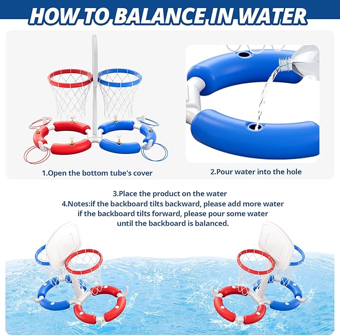 Double Pool Basketball Hoop with Backboard, 2-in-1 Floating Pool Toys Ring Toss Game, 2 Player Games Summer Outdoor Water Toys Gifts for Kids Ages 4-8 8-12 & Adults, Family Swimming Pool Party