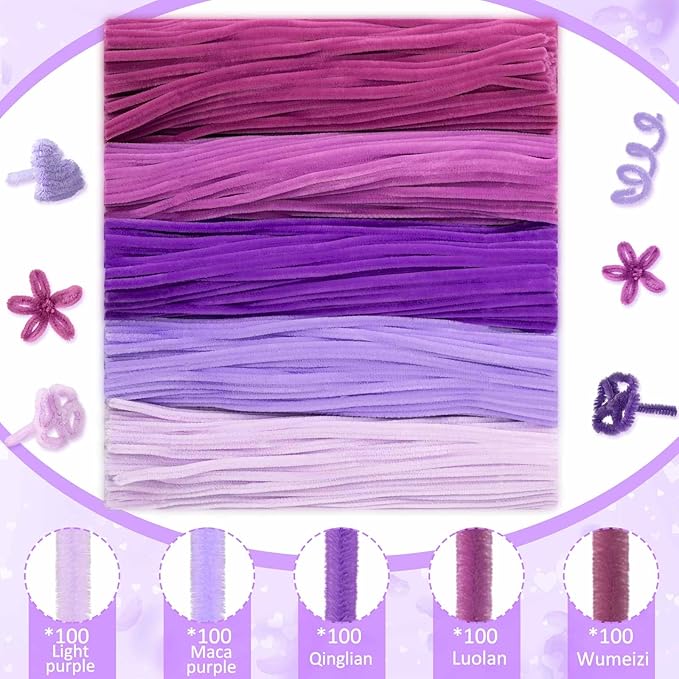 Peryiter 500 Pieces Pipe Cleaners Chenille Stems for Flowers Craft Supplies Bulk Fluffy Fuzzy Sticks for DIY Art Projects Creative Gift Wrapping Party Decorations(Light Purple,12 Inch)