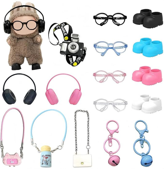 16 Pcs Doll Accessories Set Specially Designed for 15-17cm Doll Clothing, Includes 2 Headphones, 4 Glasses, Camera, Bag, Water Bottle, Console, 2 Bells, 4 Shoes with Multi-Color Display Options