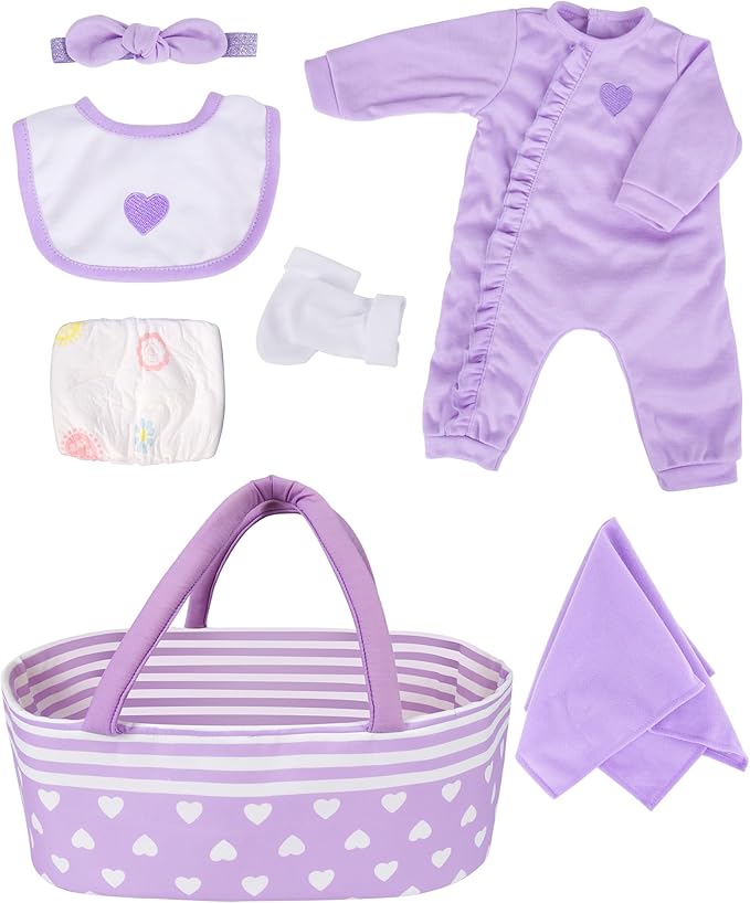 Aori 7 Pcs Reborn Baby Dolls Clothes with Bassinet for 17-22 Inch Baby Doll, Purple Carrier Bed and Baby Doll Clothes Accessories fit Newborn Girl Doll