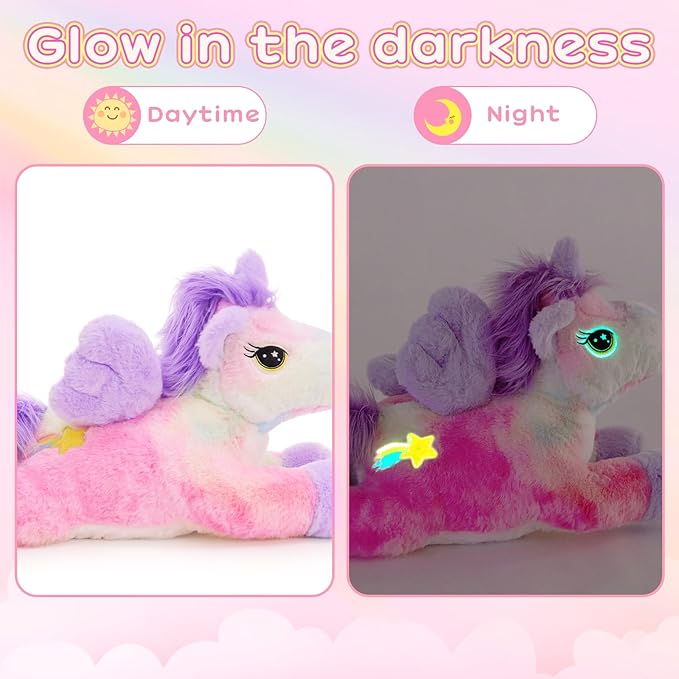 Tezituor Cute Unicorn Stuffed Animal,4 Pcs Plush Toy Set,Large Glow-in-the-Dark Unicorns Plushies with Wings,Giant Rainbow Pink Unicorn Big Stuffy Gifts for Girls Adults Valentines Christmas Birthday