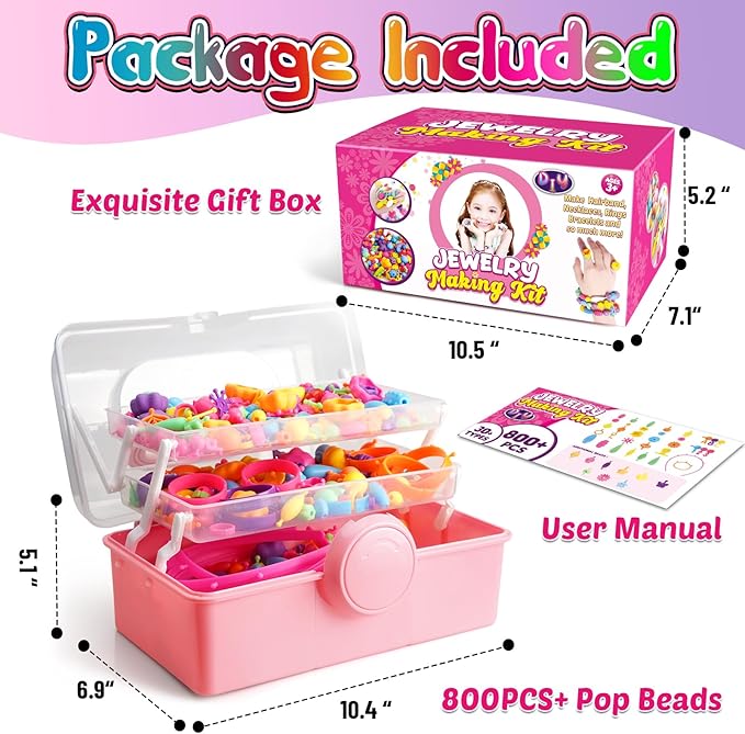 FUNZBO 850pcs Pop Beads - Jewelry Making Kit for 3 4 5 6 7 8 Year Old Little Girls, Arts and Crafts Toys for Kids, Necklace Bracelet Ring Hairband Creativity Snap Set, Easter Birthday Gifts for Kids