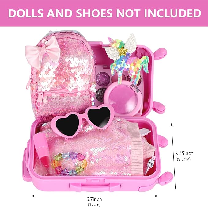 BDDOLL American 18 Inch Doll Clothes and Accessories with Travel Suitcase and Makeup fit 18 Inch Doll Includes Suitcase, Backpack, Sunglasses Lipstick, Eyeshadow Palette, Bracelet, Hair, Blusher