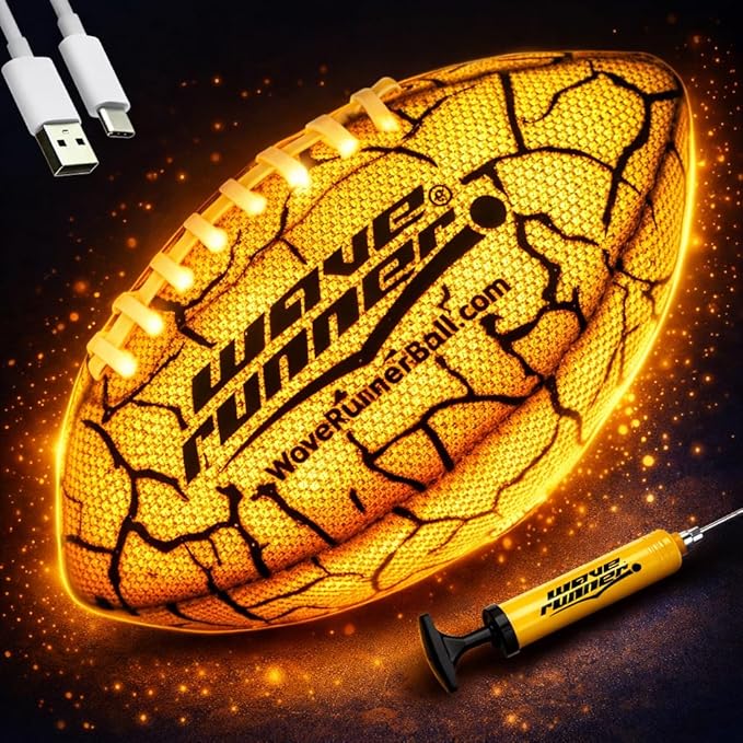 Wave Runner Glow in The Dark LED Football - Junior Size Waterproof Light Up Football, Type-C Rechargeable with Pump, Outdoor Sports Toy for Kids, Teens, and Adults