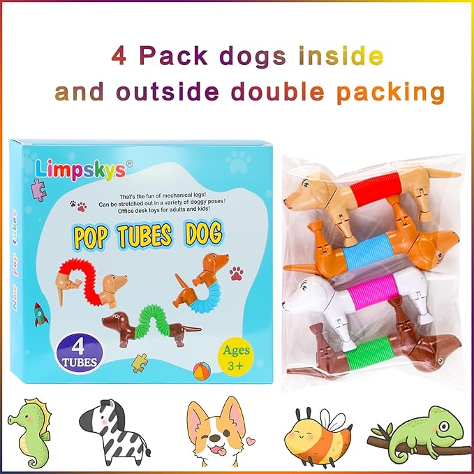Dog pop Tubes fidgets, Easter Egg Stuffers, Sensory Toys for Kids 5-7, fidgets for Toddler, Easter Basket , Easter Egg fillers,（4 Pack Dog）