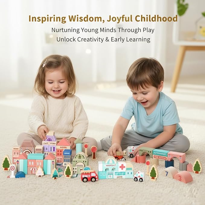 Migargle Wooden Building Blocks Set, City Construction Stacker Stacking Preschool Learning Educational Toys, Toddler Toys for 3+ Year Old Boy and Girl Gifts