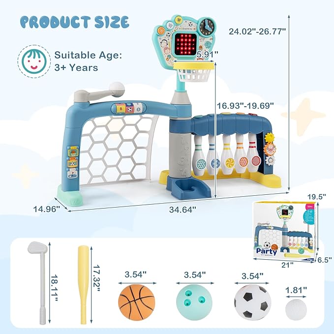 OLAKIDS Toddler Basketball Hoop, 5 in 1 Adjustable Baby Activity Sports Center with Soccer Bowling Baseball Golf Set, Indoor Outdoor Foldable Kids Play Toy with Lights Music for Boys Girls