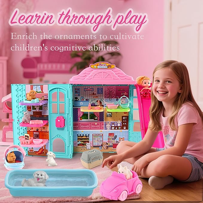 Doll Pets House, Doll Playset with Cats, Furniture, Pet Bowl, Cat Litter Box, Pool Accessories, DIY Pretend Toys for 3 4 5 6 7 8 9 10 Year Old Kids