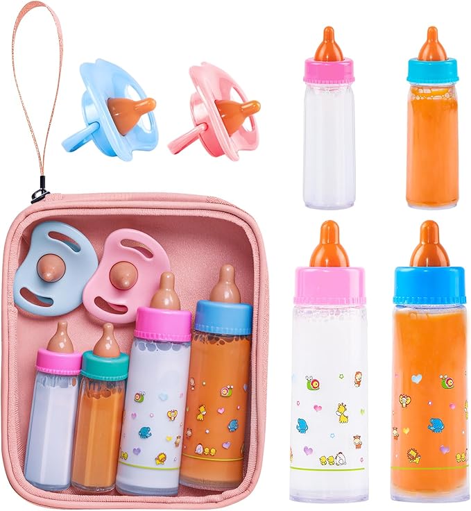 SCOM Baby Doll Bottle Accessories - 6 Pcs Feeding Bottle Toys, Magic Disappearing Milk & Juice, Pretend Play Set with Pacifiers Kids Gift Light Pink