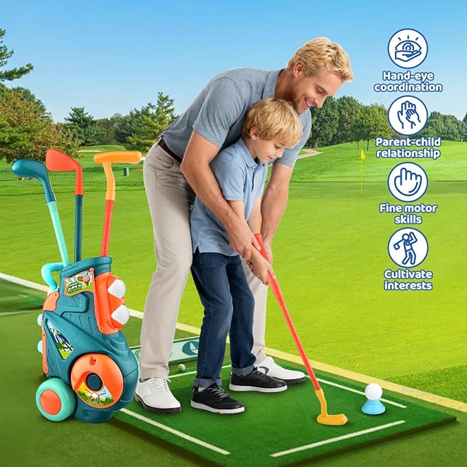 Toddler Golf Set with Putting Mat, Upgraded Kids Golf Cart with Shoulder Strap, Toddler Glove, Plastic Clubs, 10 Balls, Indoor Outdoor Sports Toys Birthday Gift for Boys Girls Aged 3 4 5+ Years Old