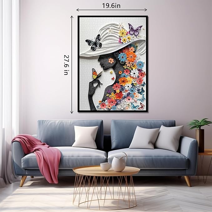 Flower Woman Puzzle for Adults 1000 Pieces, Butterfly Fairy Girl Jigsaw Puzzle, Colorful Floral Women Paper Art Puzzles as Home Decor