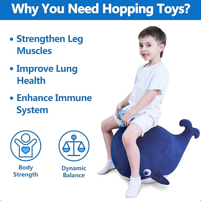 iPlay, iLearn Bouncy Pals Kids Whale Hopper Ball, Ride on Hopping Toy, Inflatable Plush Bouncing Animal W/Pump, Indoor Outdoor Riding Jumping Gift for 18 Month 2 3 4 5 Year Old Toddler Boy Girl Child
