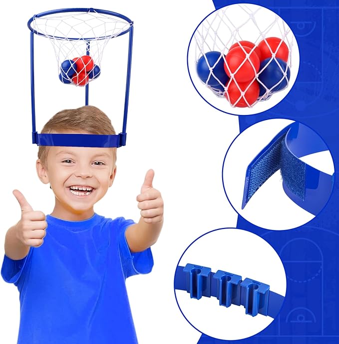 2 Pack Head Hoop Basketball Party Game for Kids and Adults Carnival Game Adjustable Basket Net Headband with 20 Balls for Carnival Party Birthday Party Family Indoor Outdoor Game (Red + Blue)
