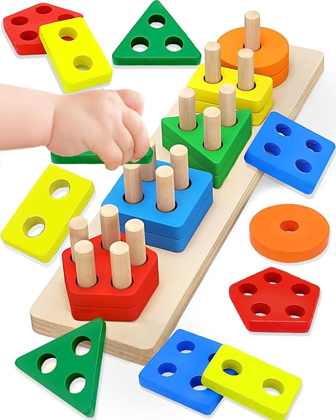 Montessori Toys for 1 2 Year Old Boys Girls, Toddler Toys for Age 1-2,1 2 Year Old Birthday Gifts, Wooden Blocks Sorting & Stacking Education Learning Toddler Puzzles Toy