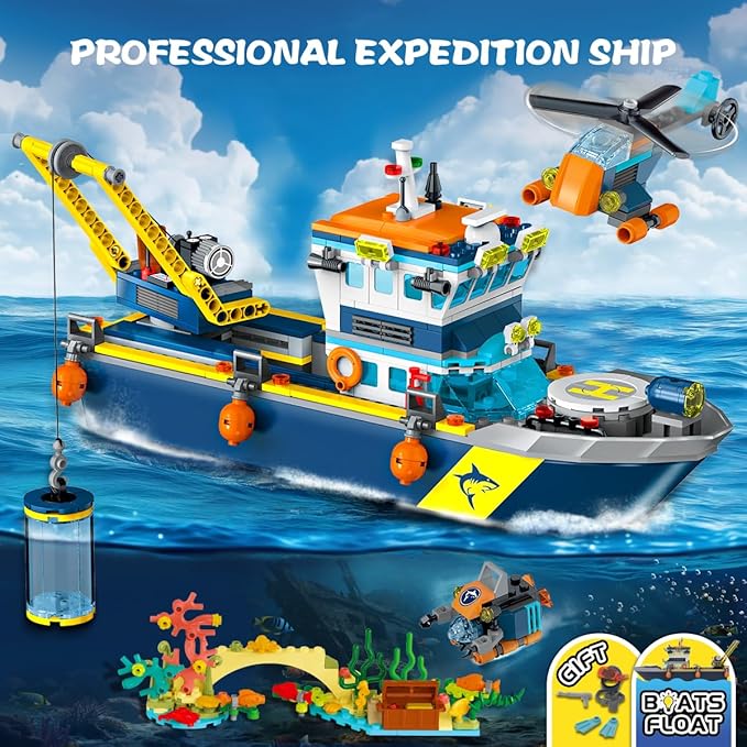 City Floatable Boat Building Set with LED Light - Ocean Arctic Explorer Ship Building Block Kit with Helicopter, Sub Exploration Toy Adventure Set Birthday Gift for Kids Boys Girls 6 7 8 9 10+