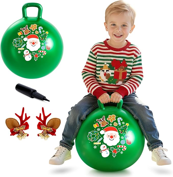 ZOOJOY Hopper Ball for Kids 3-8, 18 in Green Hippity Hop Balls, Bouncy Ball with Handle for Boys & Girls Indoor Outdoor Play, Inflatable Christmas Balls Bounce Hopping Toys with Pump