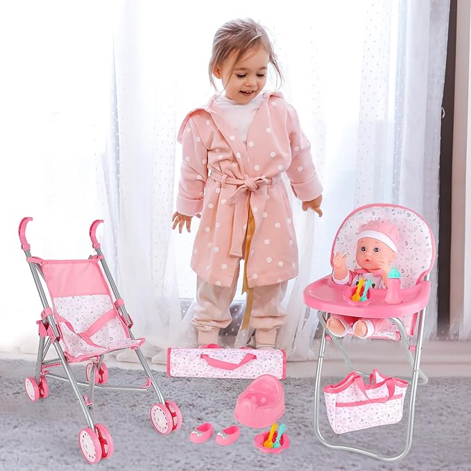 deAO Baby Doll Stroller Crib Bed Nursery Role Play Set Baby Doll Accessories and Play Mat,Travel Cot,Bouncer,Foldable Stroller and Travel Bag Birthday for Girls Boys Kids