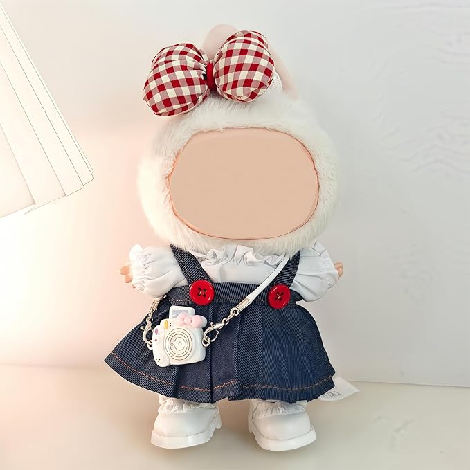 5 Set 17cm Doll Clothes, Clothes for Dolls Outfit, Accessories for 17cm Dolls Clothes T-Shirt + Bow Tie + Denim Skirt + Princess Shoes + Camera, No Doll Included (Cowgirl Set)
