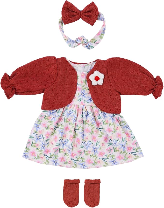 BABESIDE 4 Pcs Reborn Baby Doll Clothes Dress Set for 17-22 Inch Baby Dolls, Floral Dress with Wine Red Cardigan, Bow Headband and Socks, for Realistic and Reborn Babys Doll Clothes and Accessories