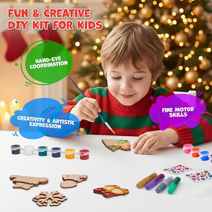 JoyCat DIY Wooden Magnets Kit, 13 Pcs Christmas Art Supplies, Painting Kit, Arts and Crafts for Kids Ages 4-8 8-12, Party Favors, Christmas Crafts, Birthday Gifts, Toys for Boys Girls