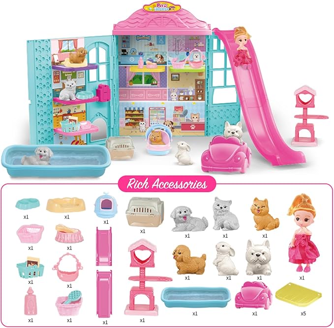 Doll Pets House, Doll Playset with Cats, Furniture, Pet Bowl, Cat Litter Box, Pool Accessories, DIY Pretend Toys for 3 4 5 6 7 8 9 10 Year Old Kids