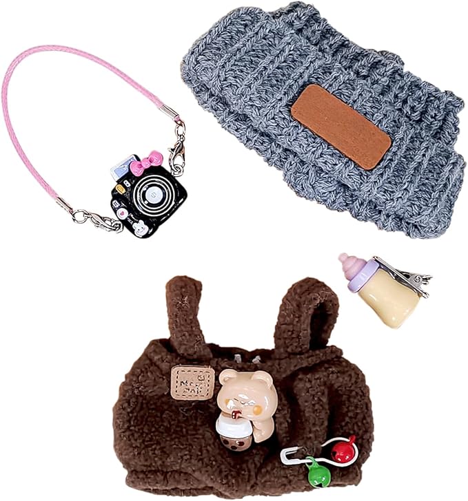 Doll Clothes for 17cm Dolls, Soft Knit Hat, Cozy Overalls, Camera, Bottle & Cute Accessories (No Doll) (Brown)