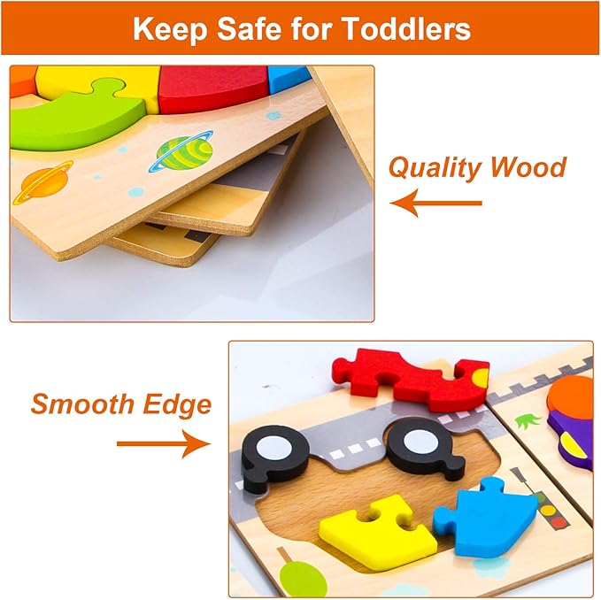 SKYFIELD Wooden Vehicle Puzzles for 1 2 3 Years Old Boys Girls, Toddler Educational Developmental Toys Gift with 6 Vehicle Baby Montessori Color Shapes Learning Puzzles, Great Gift Ideas