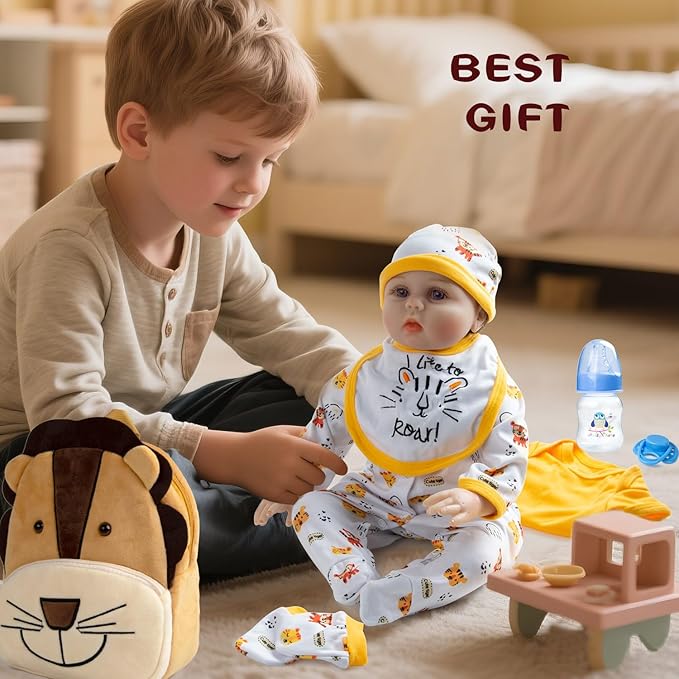 13 Pcs Reborn Baby Doll Accessories Boy 17-22 Inch Reborn Baby Clothes with Backpack Newborn Doll Outfit Diapers Cute Yellow Tiger Design