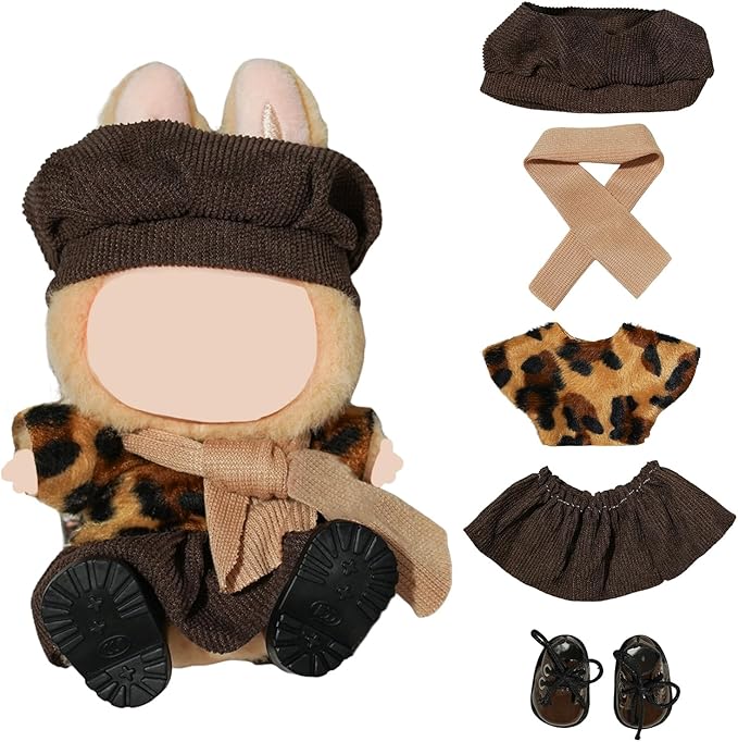 17cm Doll Clothes Outfit Set (No Doll), 5-Piece Mini Doll Clothing with Hat, Scarf, Leopard Top, Skirt & Shoes, Fits 17 cm Sitting Dolls