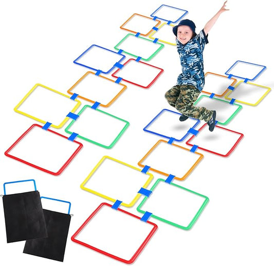 Woanger Hopscotch Outdoor Squares Hopscotch Ring Game with Connectors Outdoor Indoor Obstacle Course for Kids Playground Agility Training