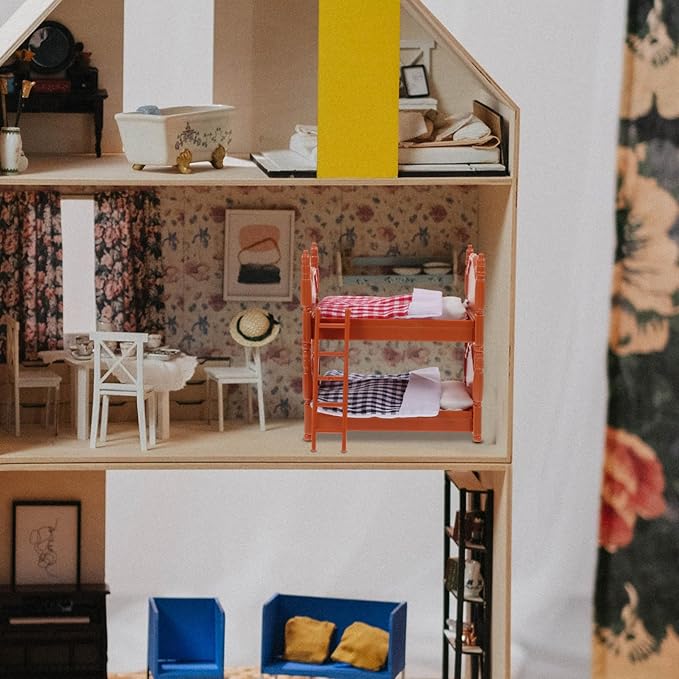 2Pcs Dollhouse Bunk Bed, 4in Mini Bunkbed Furniture, Dollhouse Bed with Ladder, PVC Miniature Doll House Decorative Accessories for Mini Landscape DIY Kit