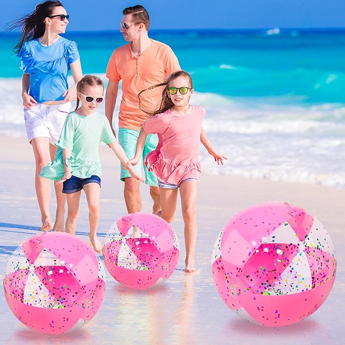 TURNMEON 5 Pcs Glitter Beach Balls, Jumbo 24 Inch & 16 Inch Sequins Pink Inflatable Beach Balls for Kids Toddlers Adults Summer Pool Balls Beach Toys Outdoor Pool Party Favors