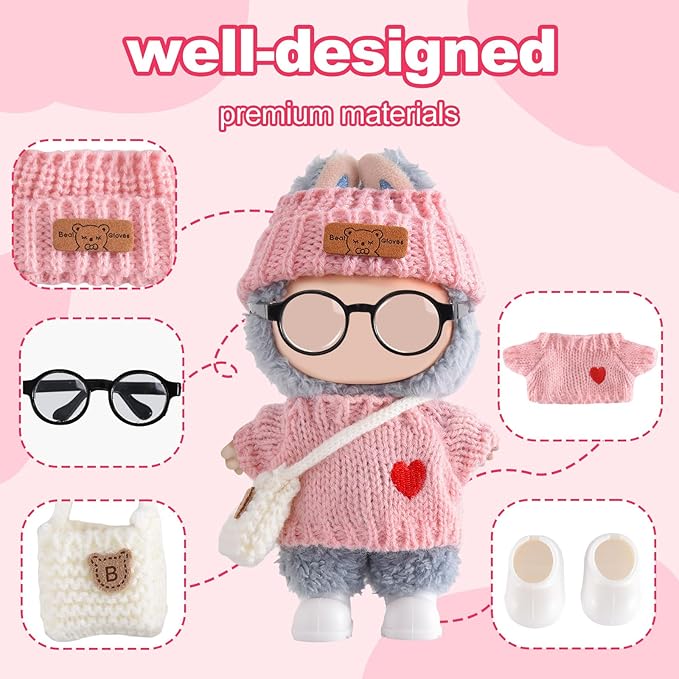 Doll Clothing for Labubu, Premium Outfits for Labubu Dressing up, Handcrafted Crochet Doll Accessories for Labubu with Sweater, Hat, Glasses, Small Bag, Boots(Pink)