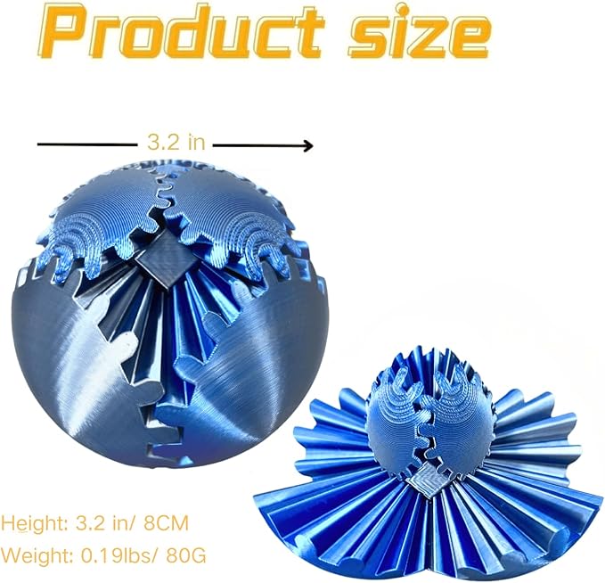 Gear Ball 3D Printed Spin Ball Cube Fidget Toys, Gear Sphere Fidget Toy, GearSphere Desk Toy Stress Fidget Balls, Fidgets Spinners for Adults & Kids Anxiety Relaxing (Laser Silver Blue, 3.1 Inch)