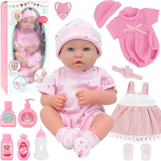 UNICORN ELEMENT 14 Inch Baby Doll-Baby Dolls with 15 Piece Accessories Set, Soft Body Baby Girl Doll, with Bottle & Pacifier, Clothes and Hats, Gift Box for Toddlers Ages 3 4 5