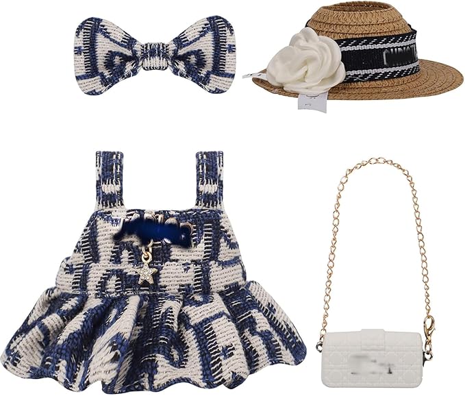 Doll Clothing Set (No Doll), Cute Cropped Straw Hat, Crossbody Bag, Dress, Suitable for 15-17cm Dolls, Outfit Accessory Set for Unique Styling (Blue-4PCS)